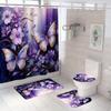 4Pcs Waterproof Purple Butterfly Floral Shower Curtain Ensemble with Non-slip Mat, Toilet Lid Cover U-Shape Rug