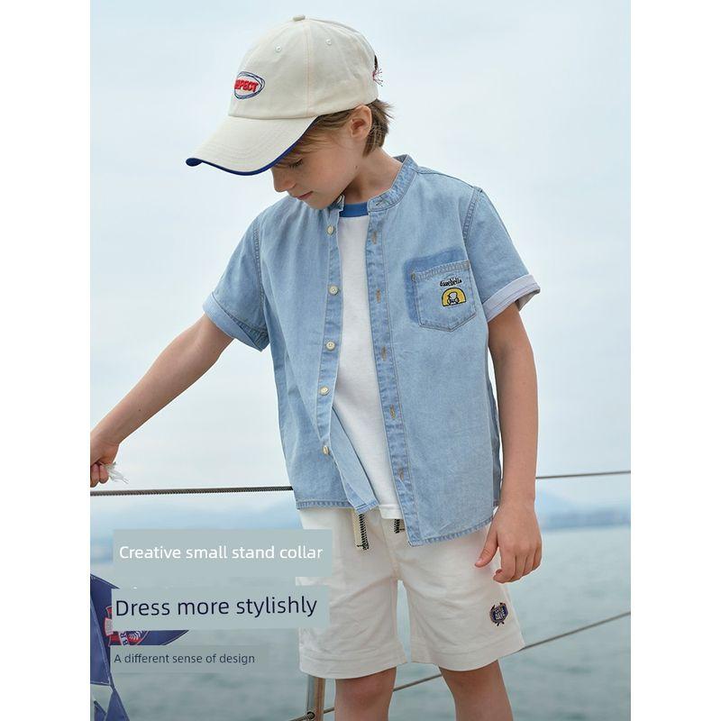 David Bella Medium and Large Children's Denim Shirt 2026 Summer New Style Boys' Short-Sleeved Thin Casual Shirt Pure Cotton