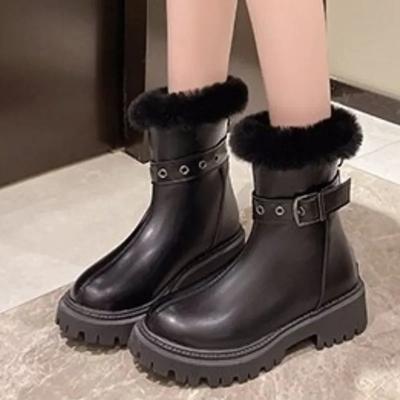 Мода 2024 Высококачественная обувь для женщин Ботинки женские на молнии Зимние с круглым носком Плюшевый флис для тепла Однотонные модные ботинки средней высоты