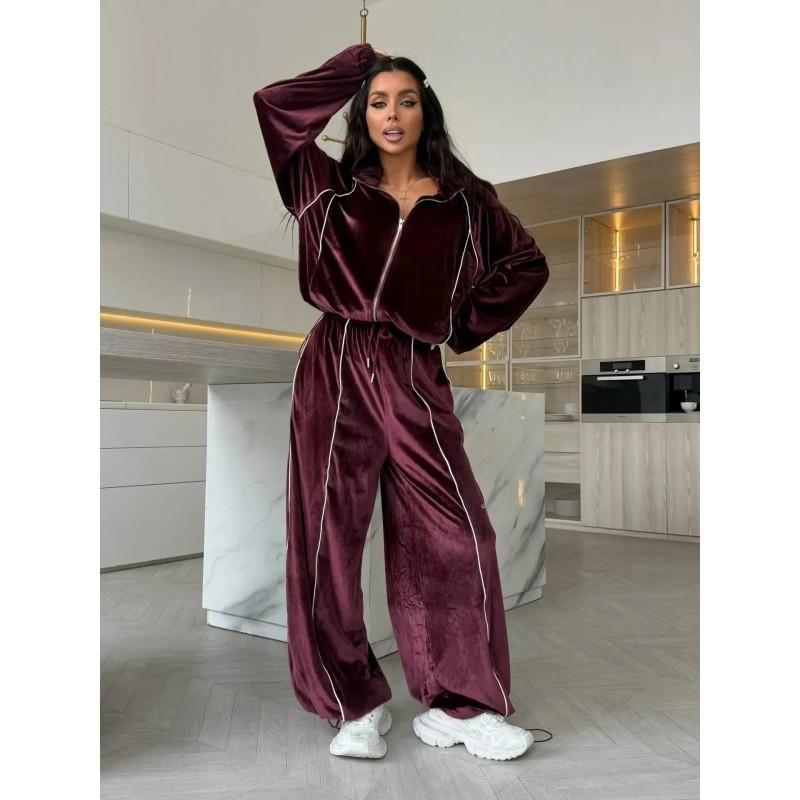Vintage Velvet Stripe Tracksuit Set Womens Stand Collar Full Zip Hoodie High Waist Drawstring Wide Leg Pants