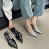 Fashion Belt Buckle Pointed Sandals Ol Tongle Silver Bag Head Rear Strap Patent Leather Women'S Shoes