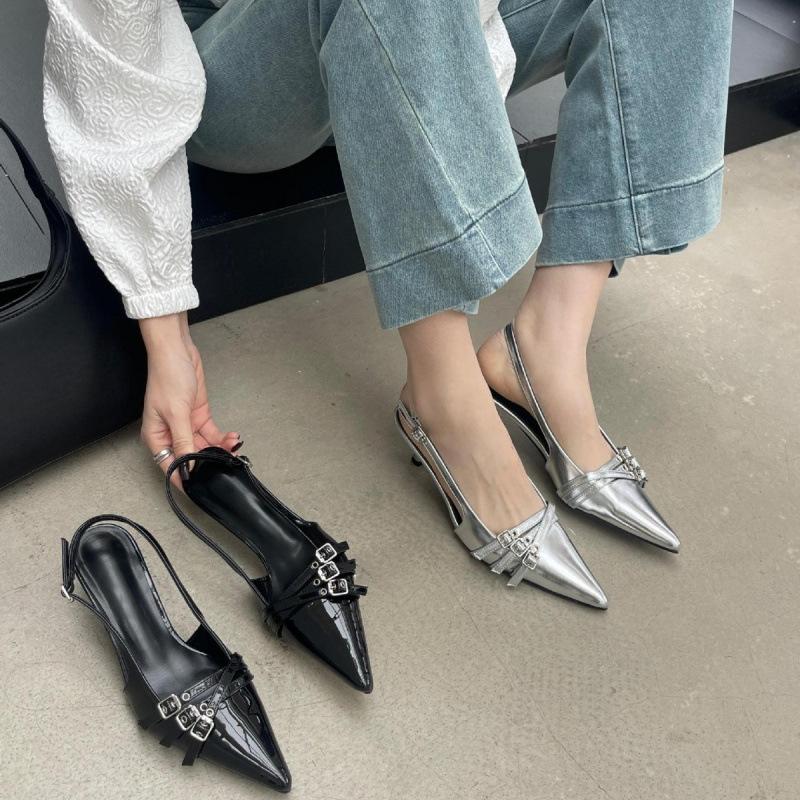 Fashion Belt Buckle Pointed Sandals Ol Tongle Silver Bag Head Rear Strap Patent Leather Women'S Shoes