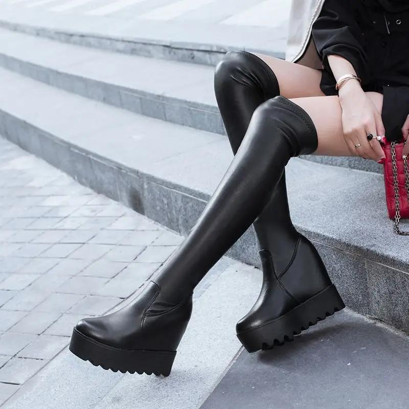 Женские высокие сапоги до колена с круглым носком и очень высоким каблуком на танкетке, женские длинные сапоги, зима 2024, новинка, модный дизайнер, роскошь, водонепроницаемость