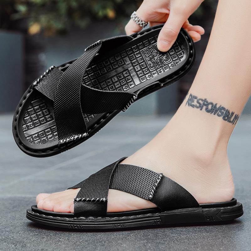 Летние сандалии мужские из натуральной кожи классические черные тапочки с открытым носком пляжные резиновые удобные и дышащие сандалии