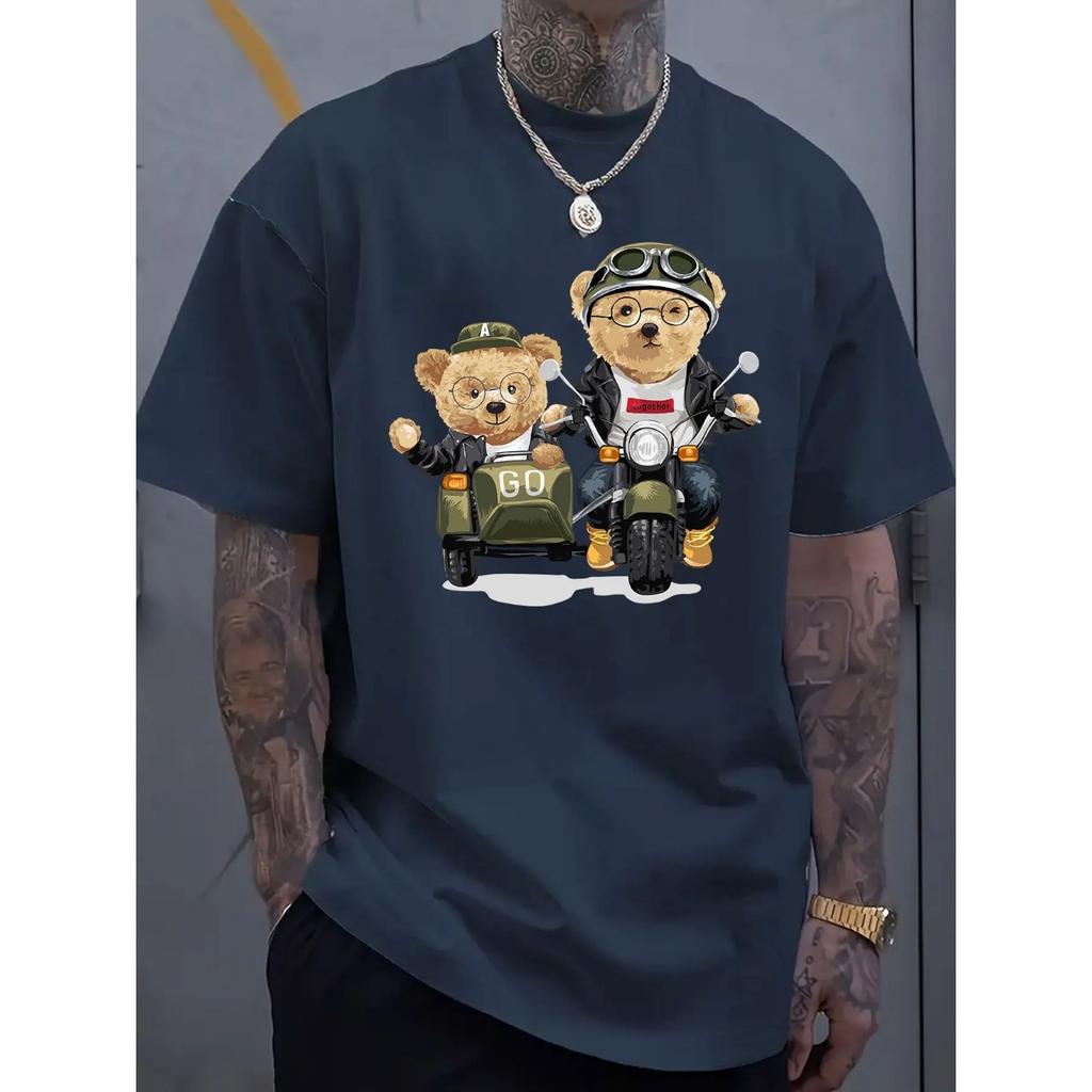 Летние мужские футболки из 100% хлопка, модные, повседневные, спортивные, свободного кроя, с принтом мультяшного медведя, с круглым вырезом и короткими рукавами