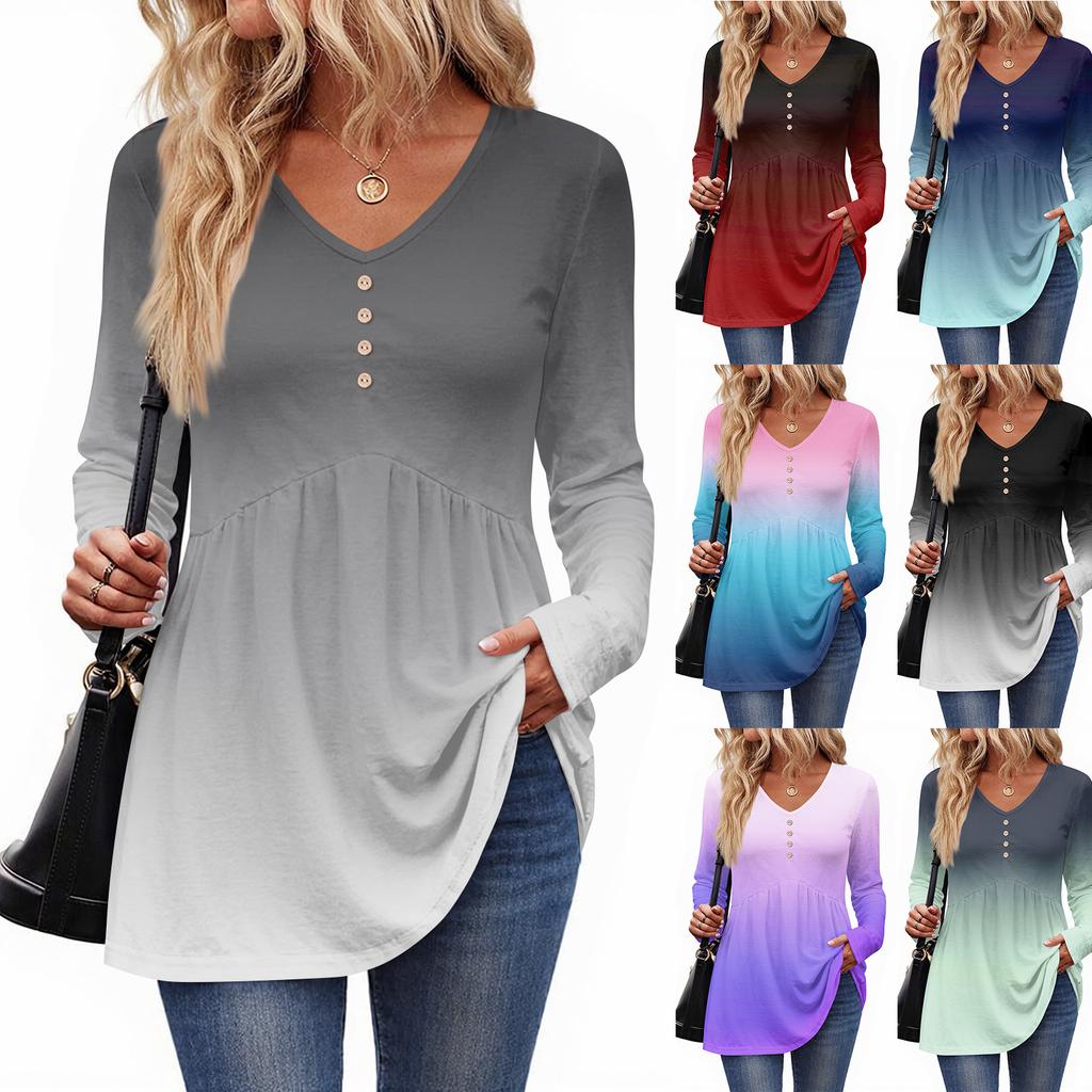 Women's Casual Fashion V-Neck Button Gradient Long Sleeve Top