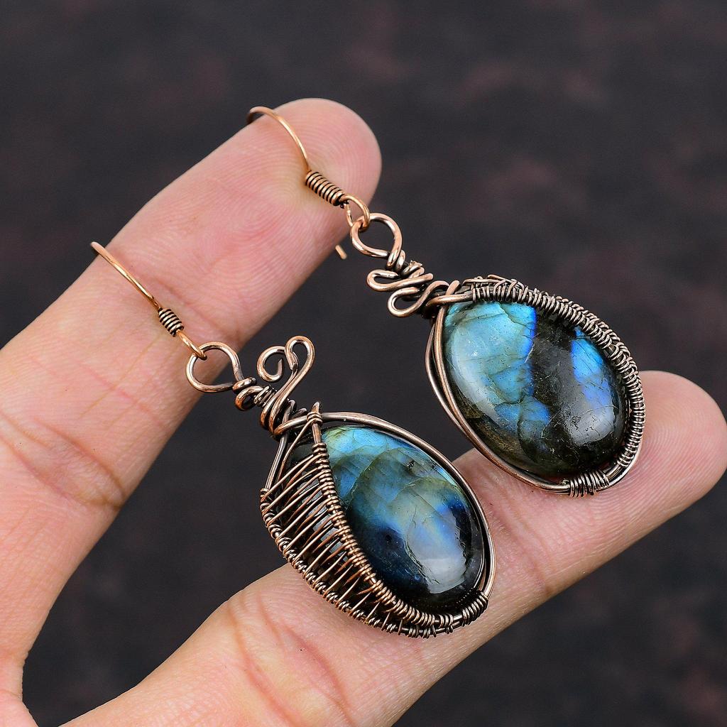 Labradorite Earring Copper Wire Wrapped Earrings Handmade Copper Jewelry Genuine Gemstone Earring Wire Wrapped Jewelry Special Occasion Gift