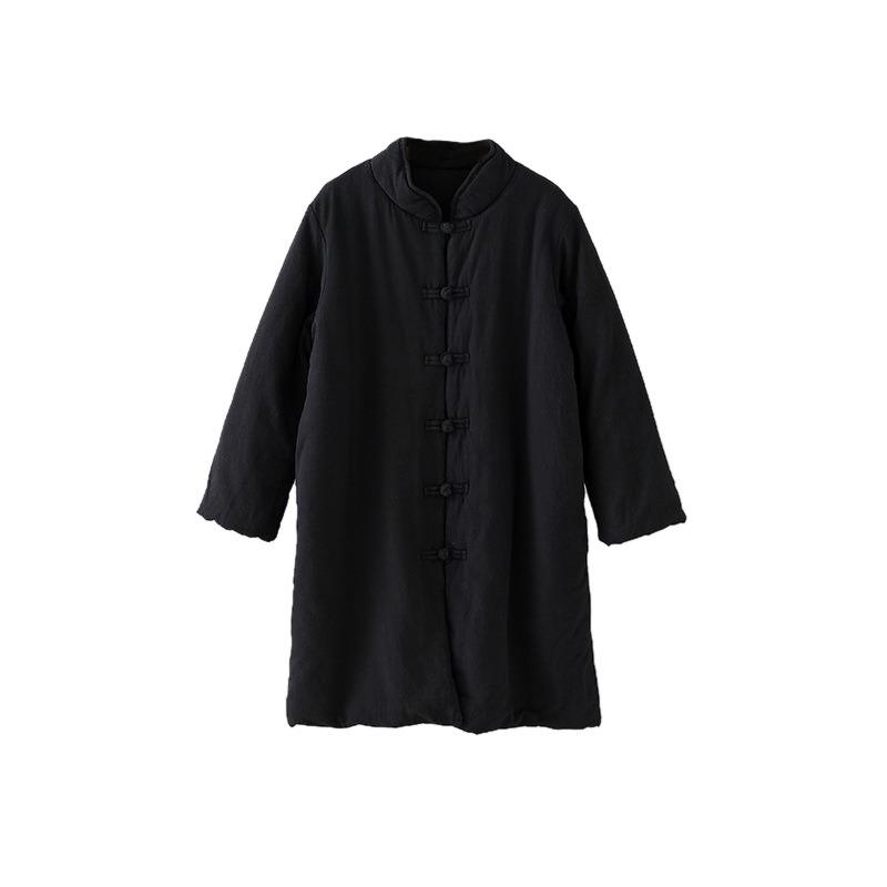 Winter New Loose Retro Stand-up Collar Buckle Linen Medium and Long Cotton-padded Women's Warm Cotton-padded Clothes