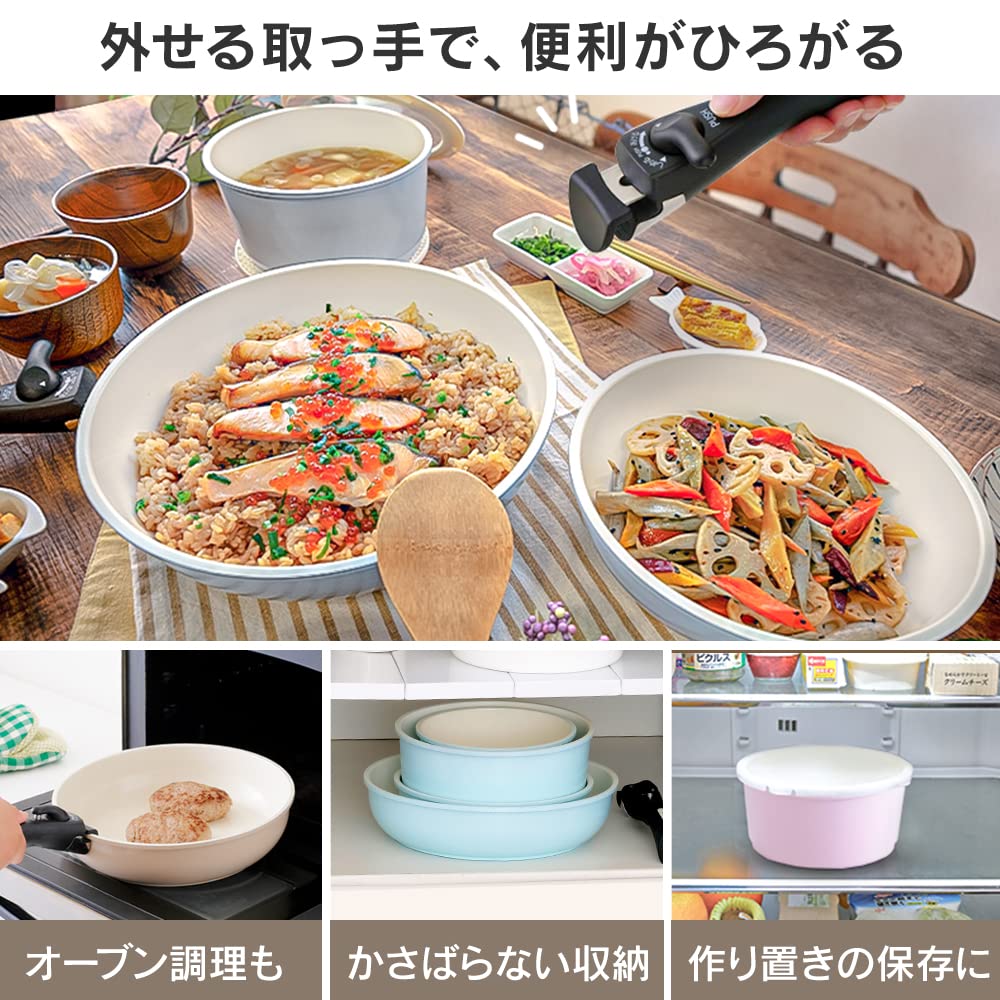 And Iris Ohyama Frying Pan with Removable Compatible with IH Gas 26cm Compact Ceramic Color Gray [Time-saving Energy-saving] 6-piece Handle, Fire,