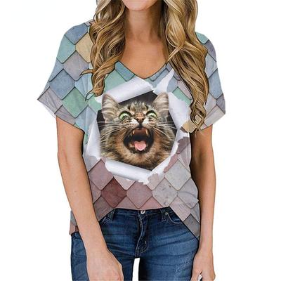 Модные весенние блузки с принтом котят, футболки с коротким рукавом и V-образным вырезом, повседневные