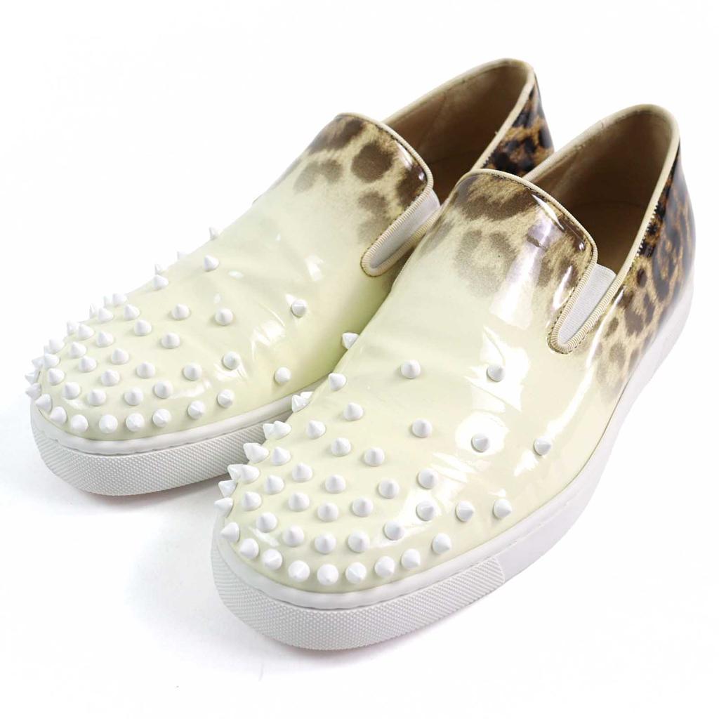 Excellent Christian Louboutin Slip-on Ivory Brown Patent leather mens 42 Used