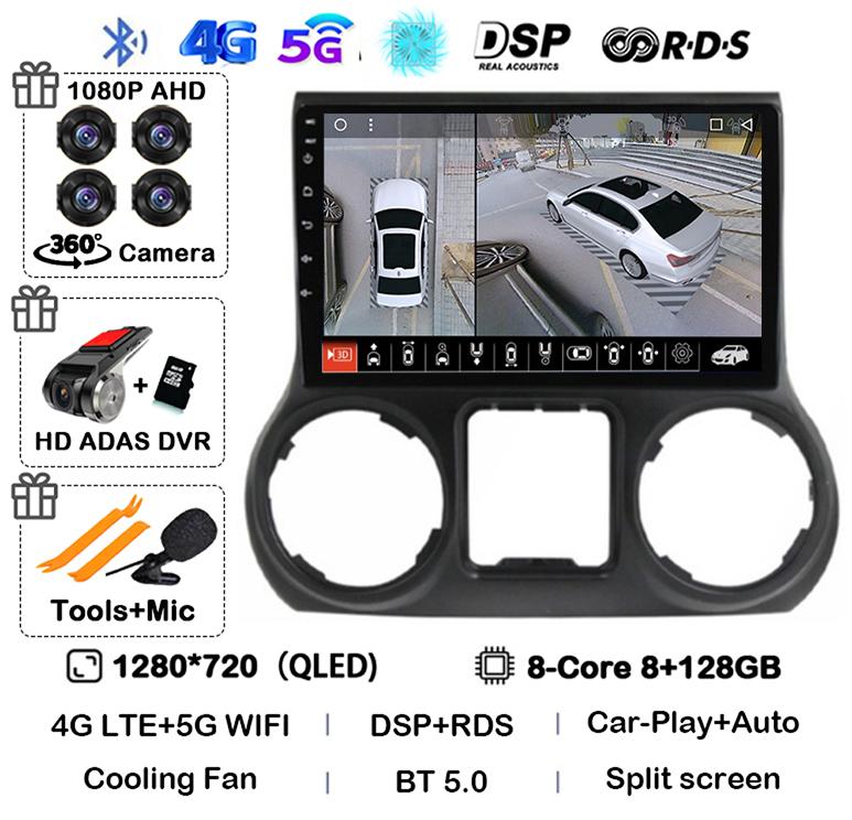 Android 14 Carplay Auto WIFI+4G For Jeep Wrangler 3 JK 2010 2011 2012-2018 Car Radio Multimedia Player GPS 360 Camera Stereo DSP