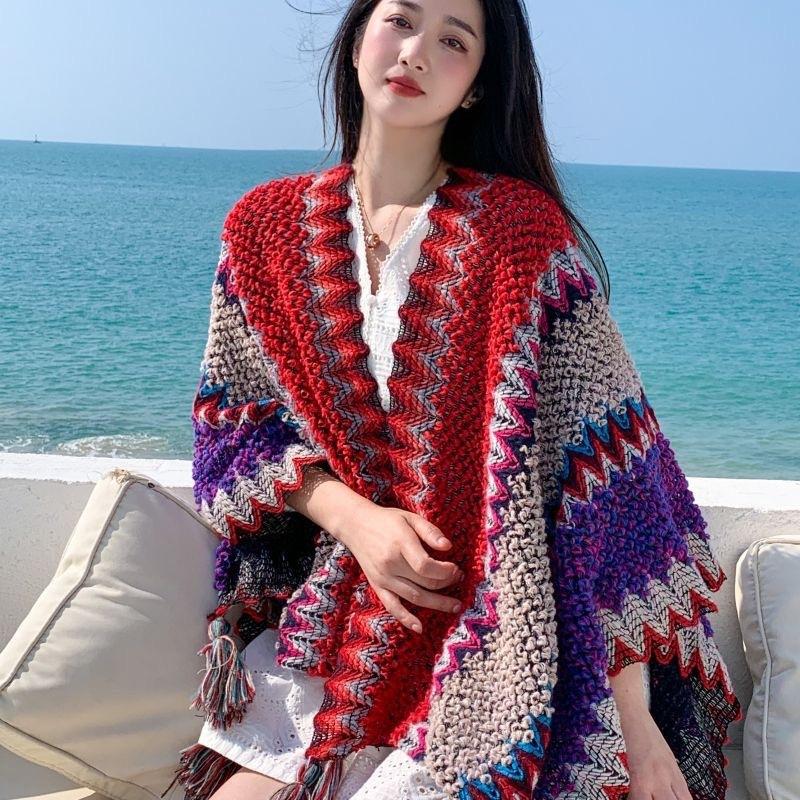 Yunnan Lijiang Travel Outside with Knitted Shawl Retro Cape Cape Fringed Scarf Holiday Wear