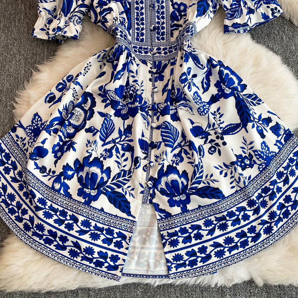 Летнее женское дизайнерское винтажное платье с принтом, элегантное однобортное вечернее платье с v-образным вырезом