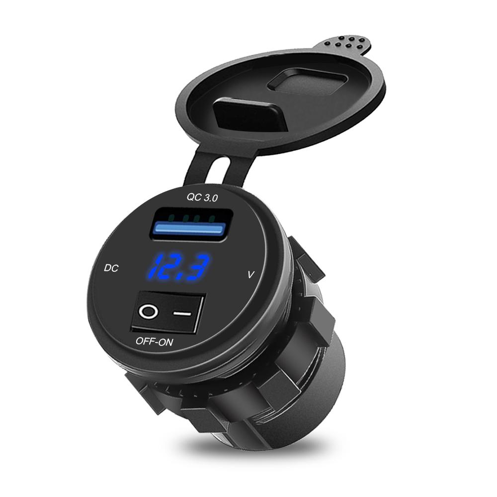 18W Car Phone Charger Socket with Digital Display Voltmeter QC 3.0 Fast Charger Adapter with ON-OFF Switch