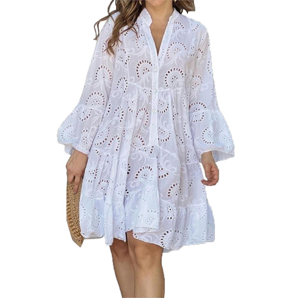 Women Hollow Out Elegant Vintage Lace Shirt Dress,Loose Casual Flare Cocktail Dress For Women