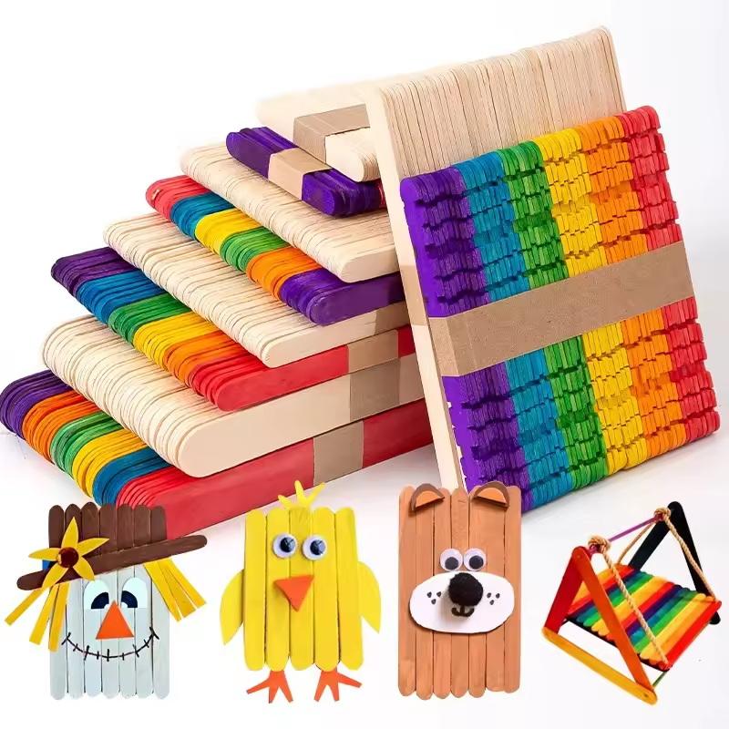 100Pcs Natural Wooden Ice Cream Sticks DIY Craft Wood Strips Kids Art Handicraft Supplies