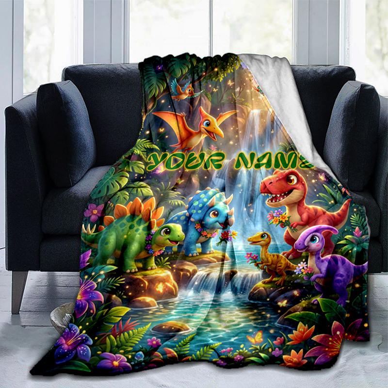 1PC Custom Name Dinosaur Adventure Fantasy Forest blanket versatile,all-season throw suitable for the living room,bedroom,camping,travel,and gift
