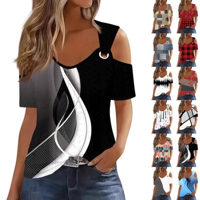 Сексуальные топы Cold Sholuder для женщин, летняя блузка с коротким рукавом и вырезом, свободная футболка с V-образным вырезом, модные повседневные туники