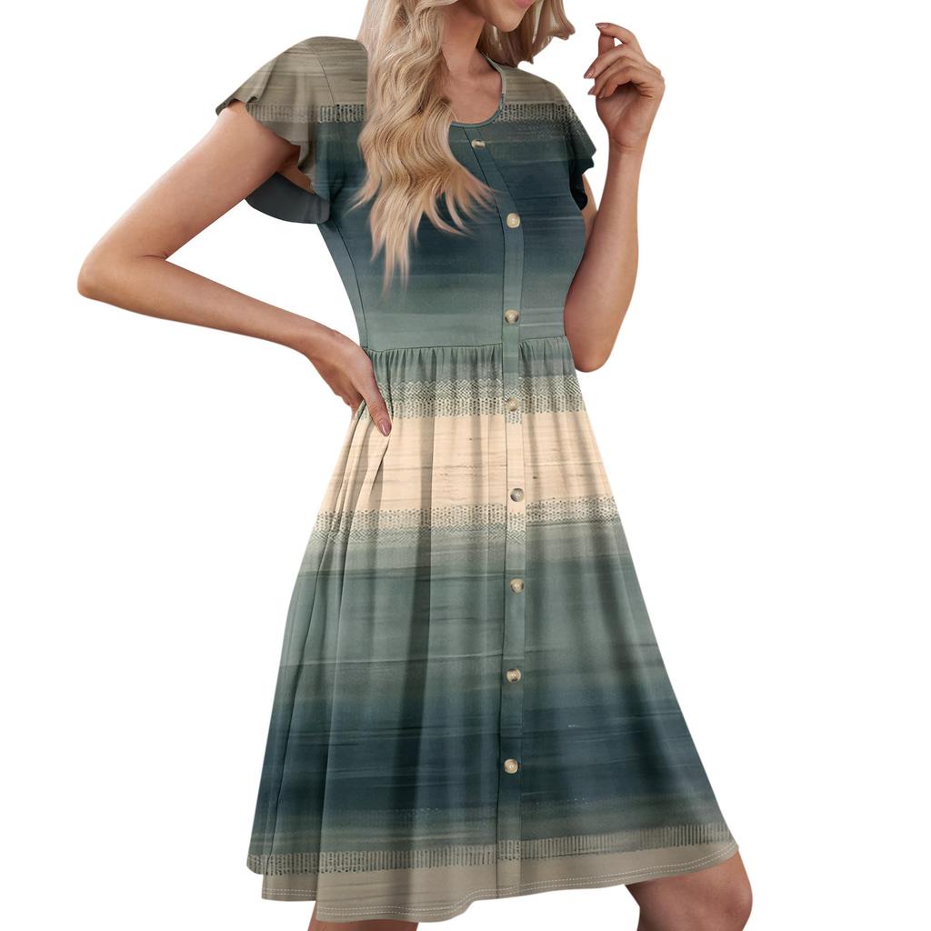 Женские летние платья с круглым вырезом и рукавами-крылышками, повседневные свободные платья-миди с карманами на пуговицах и принтом