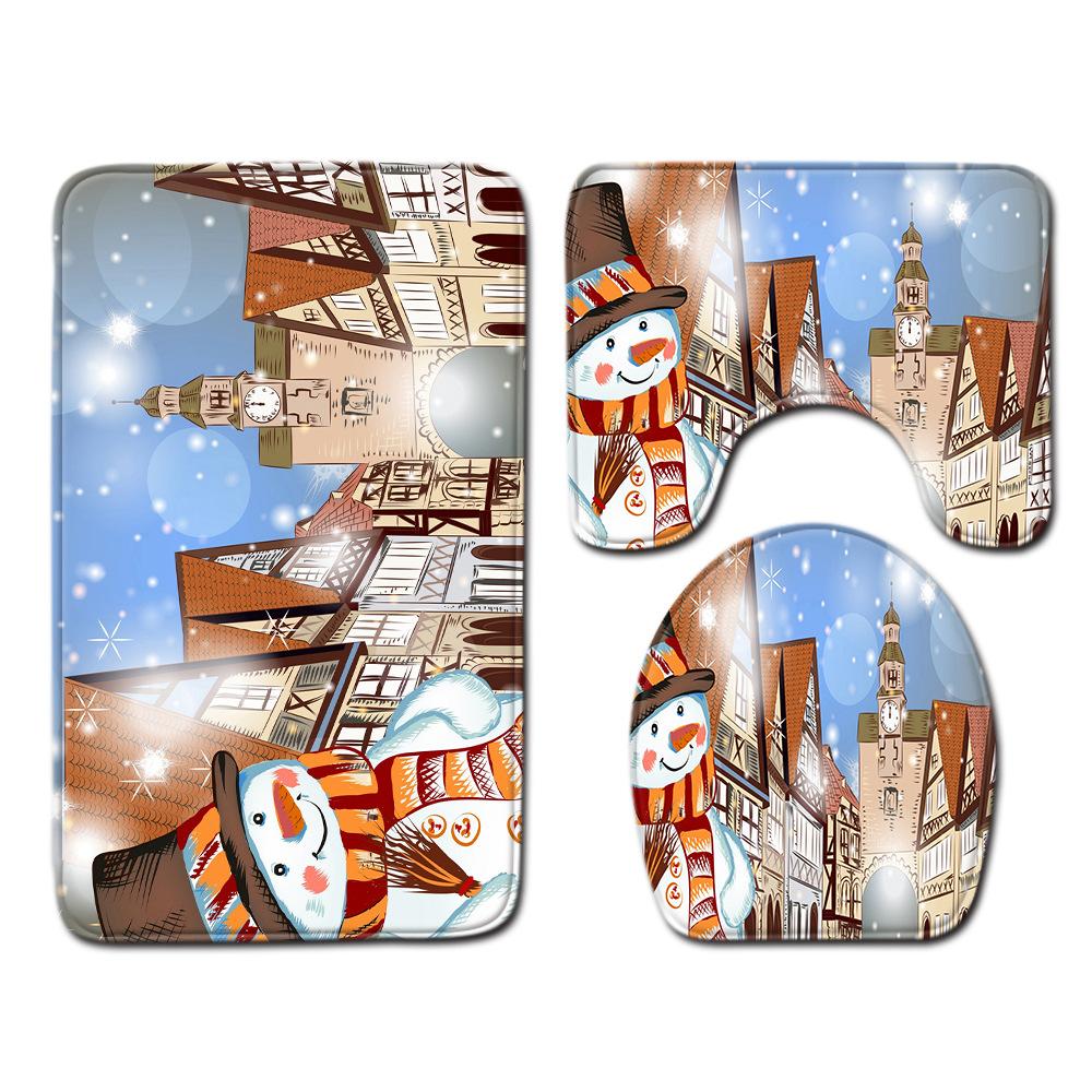 Christmas Shower Curtain Floor Mat Combination Four-Piece Set Bathroom Toilet Carpet Shower Room Mat Foot Mat