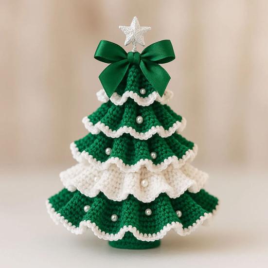 Handmade Crochet Christmas Tree DIY Xmas Tree Crochet Craft Starter Set with Bow And Faux Pearl for Beginners Knitting Holiday Decoration