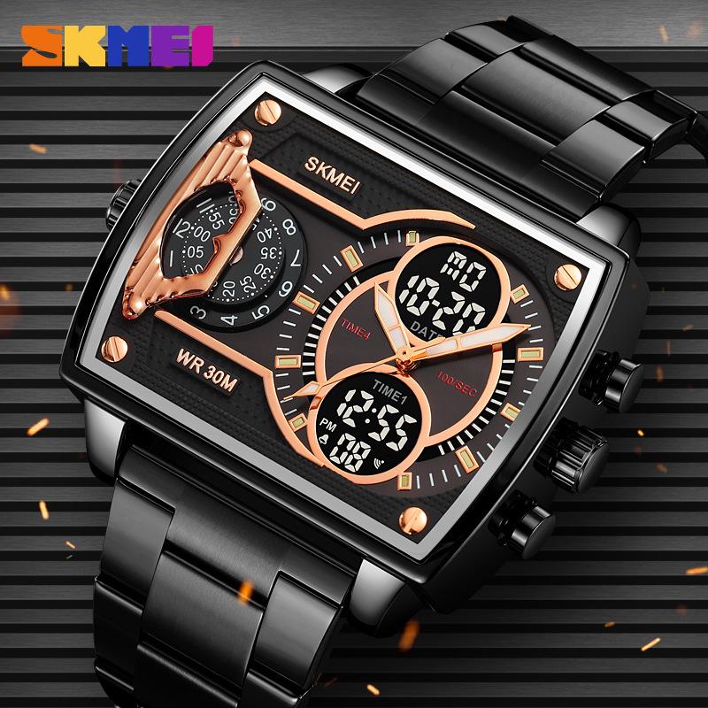 Golden Big Dial Three Time Men Wrist Watches Stainless Steel Men Sports Digital Military Quartz Watch Luminous Male Clock