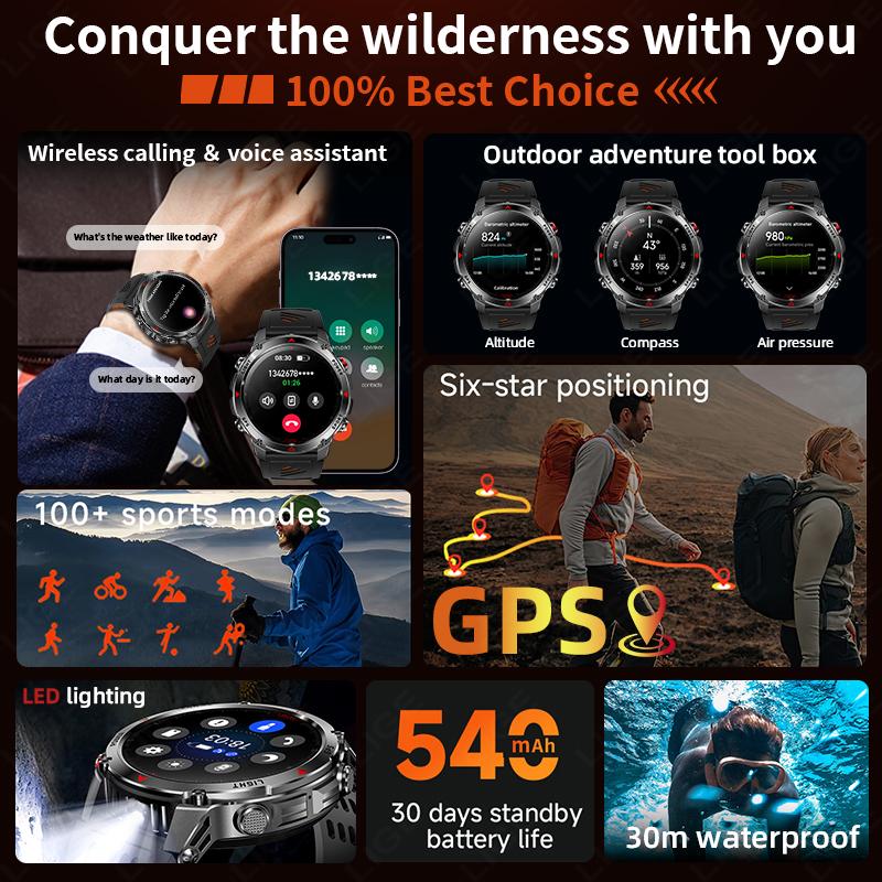 GPS Спортивные водонепроницаемые умные часы для мужчин 1,46” HD Full Touch Screen Батарея 500 мАч Фонарик Компас Bluetooth-звонки Смарт-часы