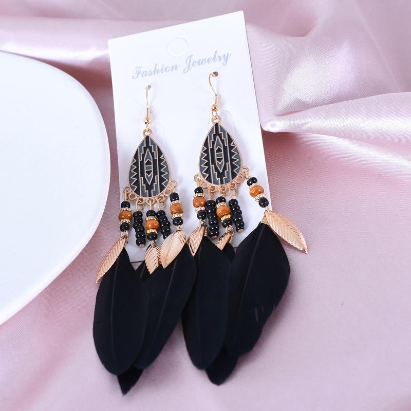 Bohemian Long Feather Dangle Earrings For Women Beach Chain Tassel Drop Earrings Wedding Bride Jewelry Girl Gift