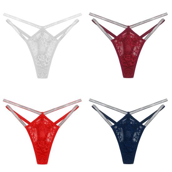 Sexy Women G-string Thong Low Waist See-through Sheer Hollow Floral Lace Rhinestone Straps Breathable Soft Ladies Underwear Brief Panties