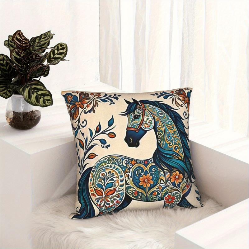 Vikama Bohemian-Style Horse Pillow Cover Soft Machine-Washable Decorative Cushion Case For Home Sofa Bedroom