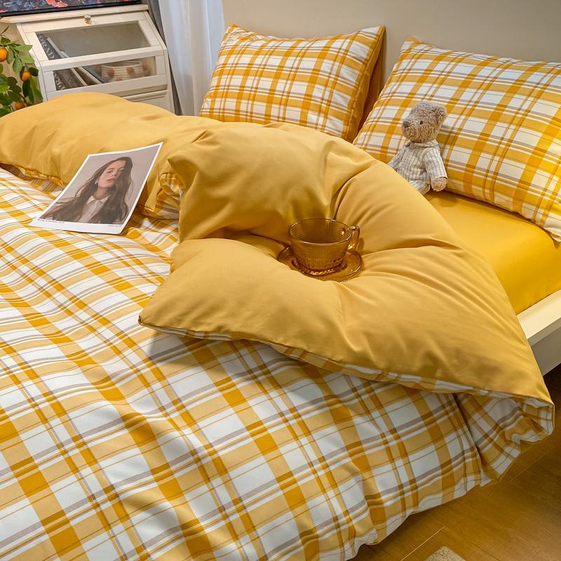 Простыня в клетку из четырех предметов и пододеяльник в японском стиле в скандинавском стиле, набор из трех предметов из стираного хлопка с начесом