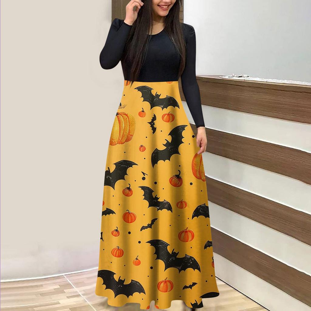 Женское модное повседневное платье макси с круглым вырезом и длинными рукавами