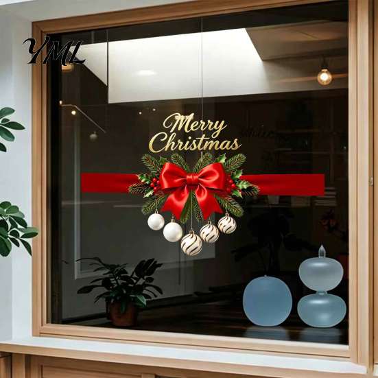 Decorative Christmas Bows for Windows Gold Merry Window Clings, PVC Decals Holiday Seasonal Home Decorations Glass Decor, Waterproof Removable