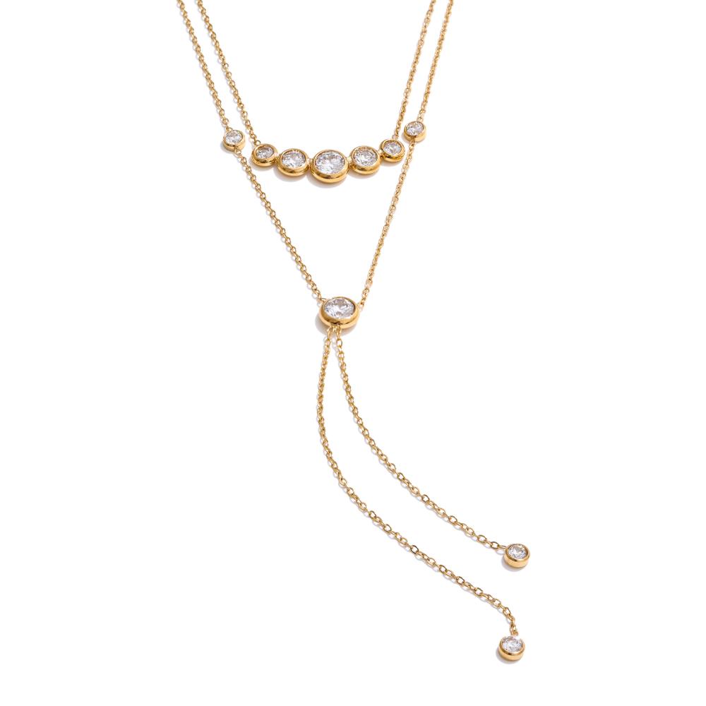 Yhpup Delicate Cubic Zirconia Double-Layer Chain Drop Tassel Luxury Necklace for Women Stainless Steel Exquisite Jewelry Gift