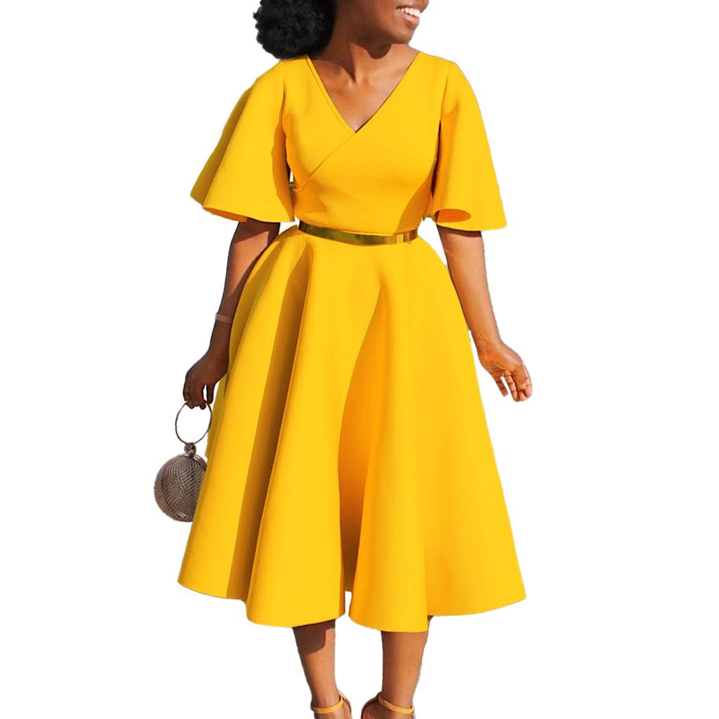 Летнее женское платье больших размеров с расклешенными рукавами и v-образным вырезом, модное темпераментное платье с большой юбкой и подолом