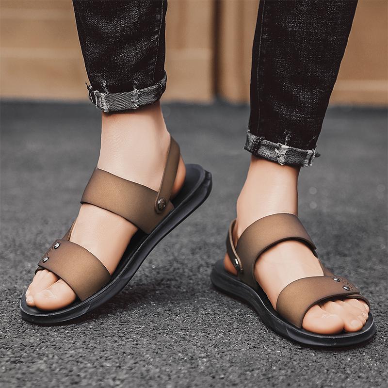 Модные нескользящие сандалии с открытым носком, мужская обувь слипоны, мужские шлепанцы, летние новые сандалии, мужские кожаные сандалии, взрослые универсальные пляжные туфли