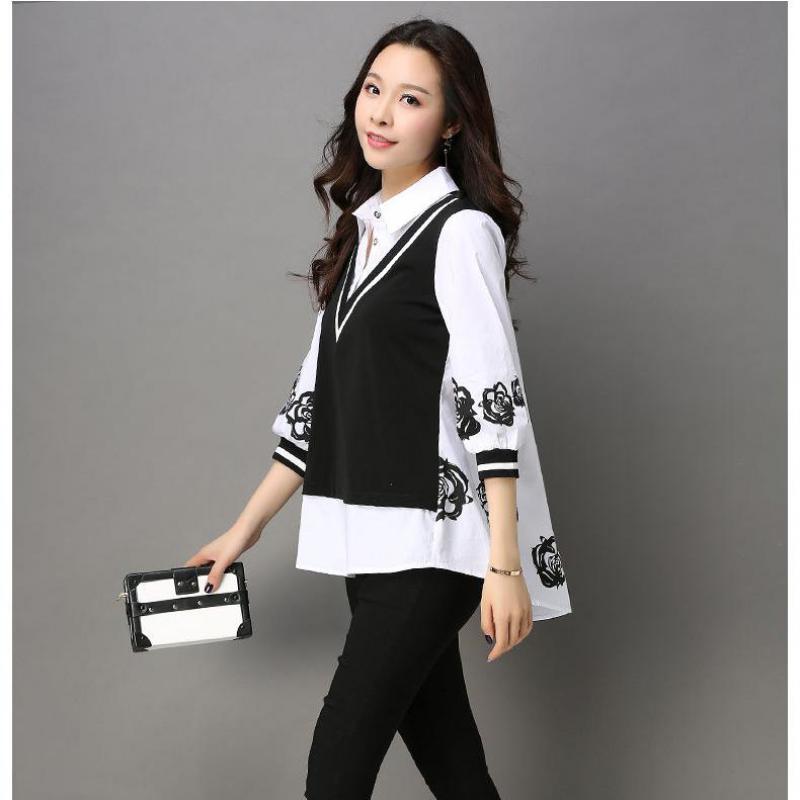 Весенняя корейская свободная поддельная женская повседневная рубашка из двух частей, негабаритная лоскутная блузка