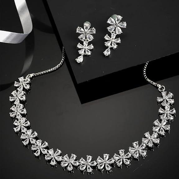 Rhodium Plated Silver Toned White American Diamond Studded Flower Shaped Jewellery Set For Girls and Women