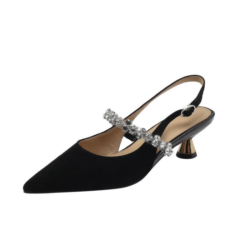 French Zircon Rhinestone Silver Pointed Head Back Hollow Small Leather Shoes Small Heel Baotou Sandals Female Summer Comfortable Elegant Women's Shoes