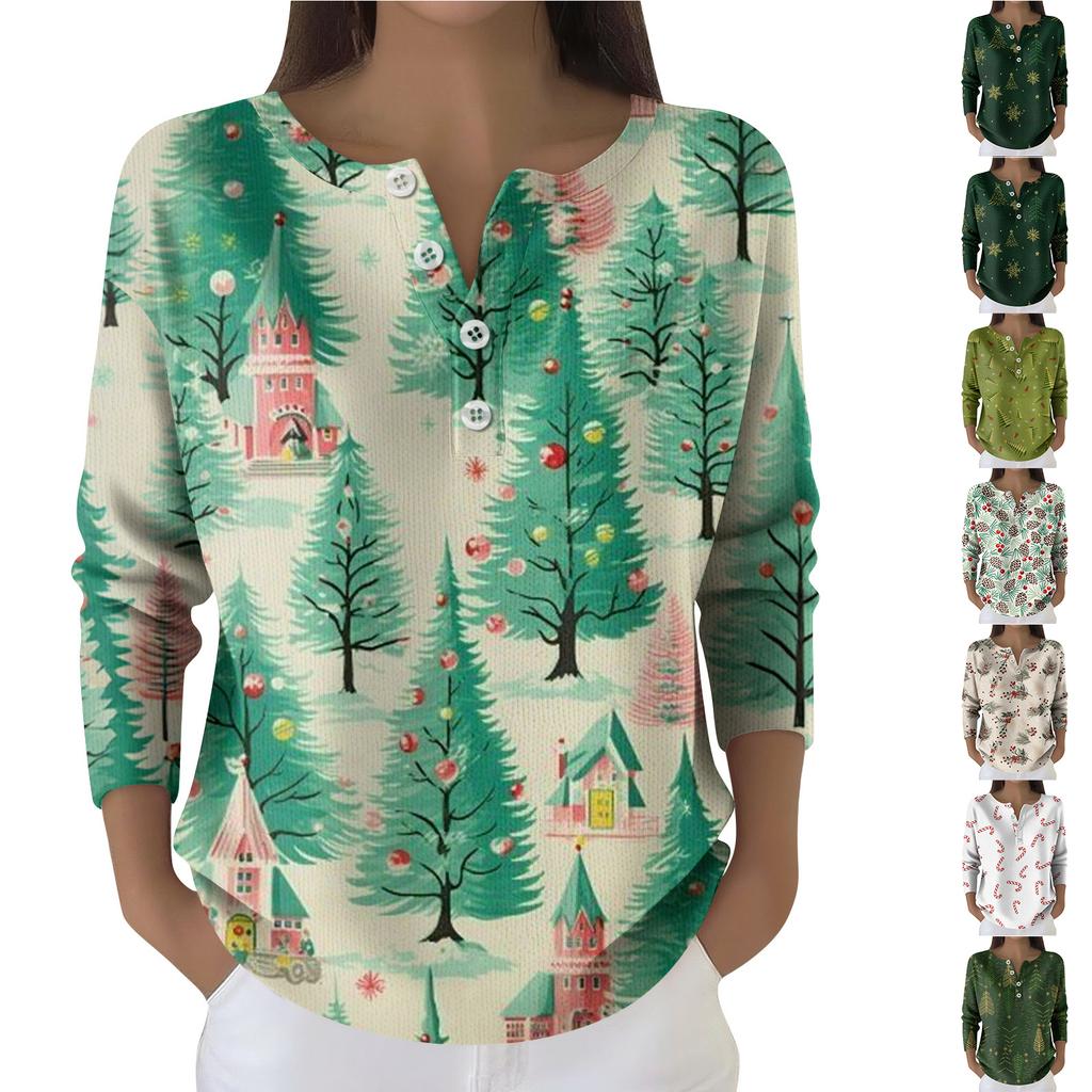 Women's Fashion Long Sleeve Christmas Snowflake Print Top Elegant Casual Top