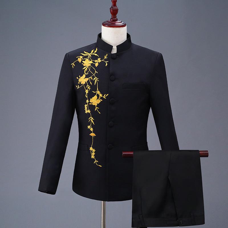 New Men's Gold Embroidered Zhongshan Suit - Stand Collar Performance & Wedding Outfit