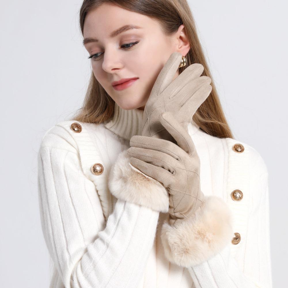 Plaid Winter Fleece-lined Gloves Suede Women Cycling Mittens Retro Gloves Female