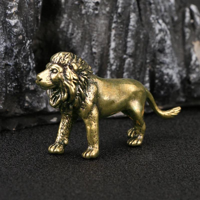 Pure Brass Lion King Figurines Miniature Home Desktop Decoration Ornament Antique Copper Animal Statue Home Decor Accessories