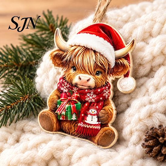 Cute Highland Cow Gift Items Christmas Ornament Set, 2D Flat Wooden Farm Animal Holiday Decor Hanging with String, Tree Party Decoration Decorative