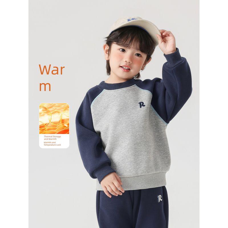Right European Style Boys' Color-Block Raglan Sleeve Fleece Sweatshirt 2025 Winter New Children's Clothing Baby Warm Top