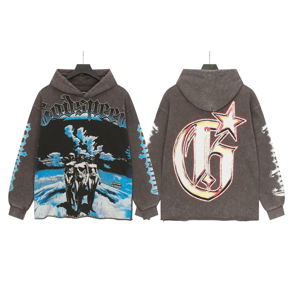 Худи с ретро-принтом 'God Bless America' в стиле рок-стрит, стиранное, повседневное, свободного кроя