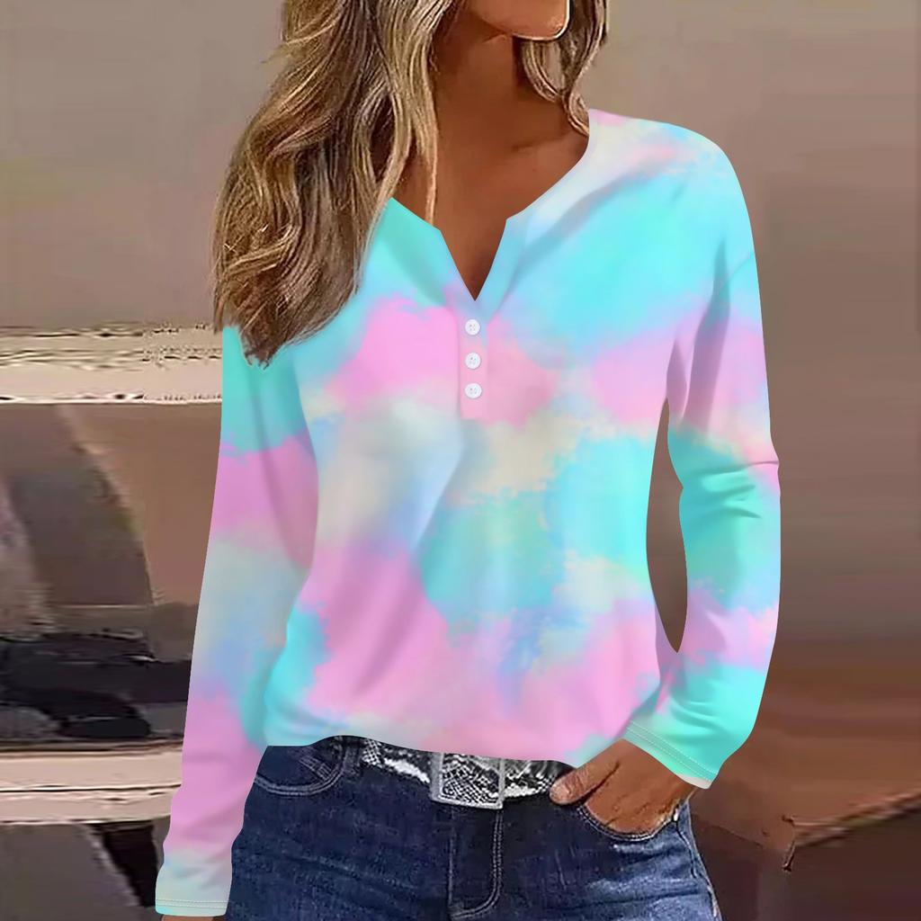 Женская модная повседневная футболка с v-образным вырезом и длинным рукавом с принтом, топ на пуговицах