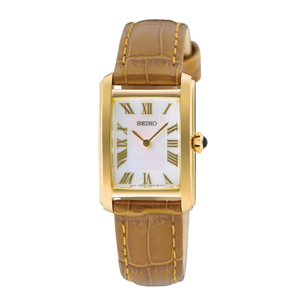 Seiko SWR100 Mother of Pearl Quartz Women's Watch Gold Sapphire Glass Brown Leather Band 5ATM Water Resistant Overseas Model