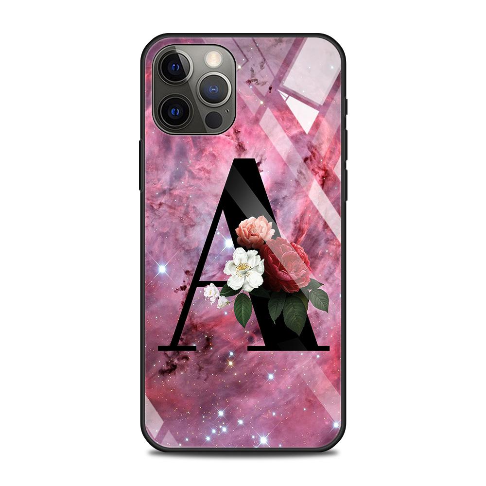 Чехол из закаленного стекла для iPhone 14 12 11 Pro Max 13 12 Mini X XR XS Max 8 7 6s Plus силиконовый чехол с надписью AB цветы розовый